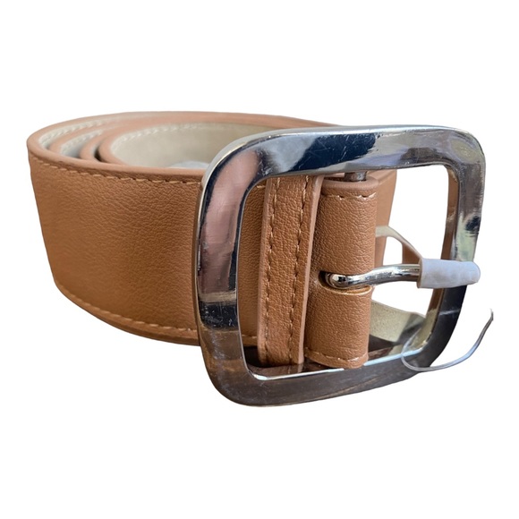 Linea Pelle Brown Faux Leather Square‎ silver Buckle Belt - Picture 3 of 6